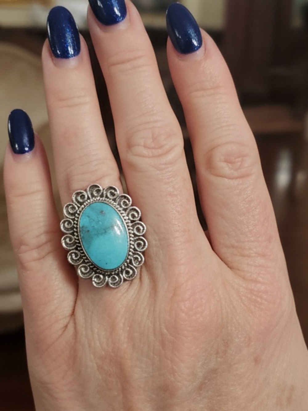 Genuine Kingman Turquoise Stone Sterling Silver Filigree‎ Statement Ring - Blue